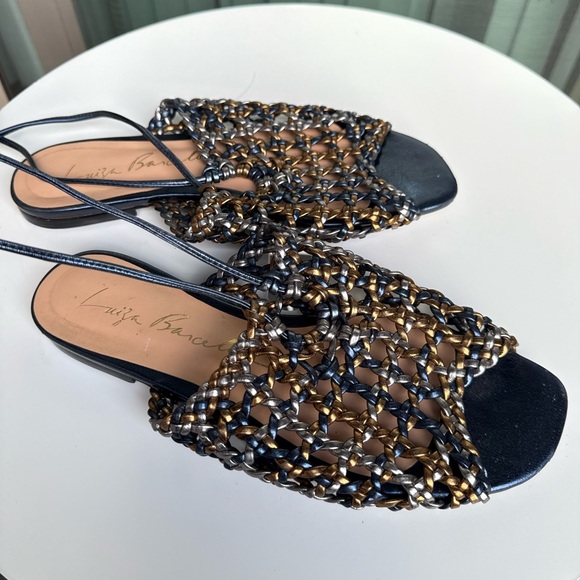 Luiza Barcelos Metallic Woven Lace-Up Sandals Navy Blue Gold Silver Size 8 - Picture 8 of 9